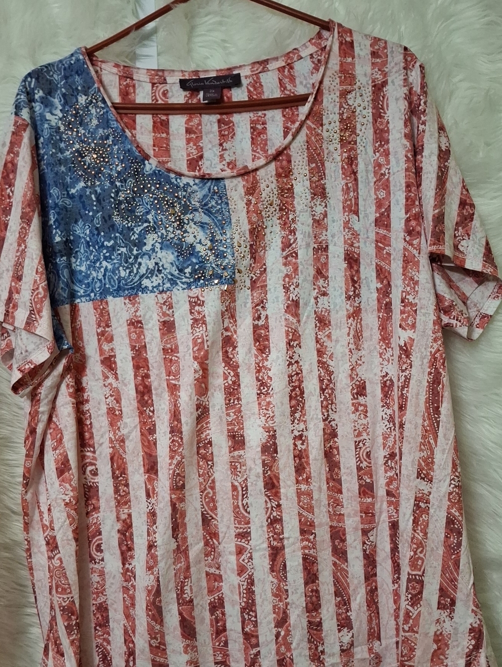 Gloria Vanderbilt Red & Blue Striped Scoop Neck Tee with Rhinestones